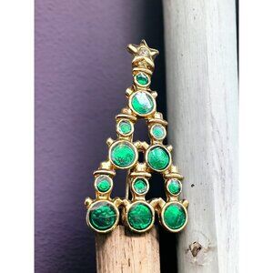 Gold & Shiny Green Christmas Tree Brooch With Faux Diamond on Star